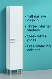 Sleek white gloss tall narrow bathroom cupboard with storage shelves by Lavish Kitchen Isle, ideal for compact bathroom organization.