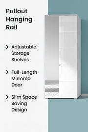 Lavish Kitchen Isle Arctic Elegance sleek white gloss wardrobe with mirrored door, pullout hanging rail, shelves, and drawers.