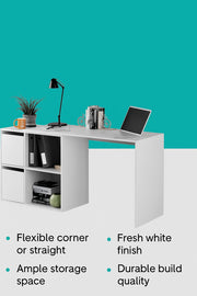 Lavish Kitchen Isle Drift White Reversible Desk with storage cupboards, ideal for home office use, showcasing a sleek, functional workspace.