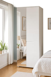 Lavish Kitchen Isle Arctic Elegance white gloss wardrobe with mirrored door, pullout hanging rail, shelves, and drawers.