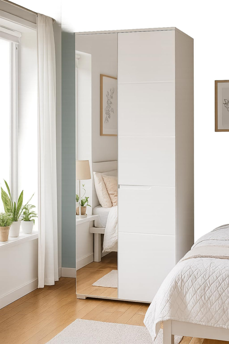 Arctic Elegance Sleek White Gloss Wardrobe with Mirrored Door, Pullout Hanging Rail, and Shelves – Slim Storage Cupboard with Drawers