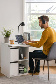 Reversible white home office desk with storage and cupboards by Lavish Kitchen Isle, featuring a sleek modern design and functional workspace.