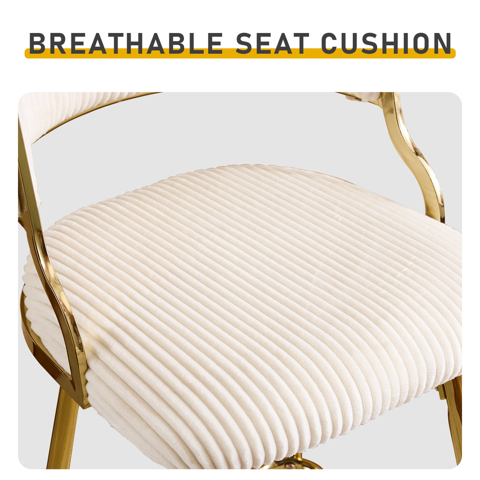 Set of 2 Velvet Bar Stools - Off-White Ribbed Counter Height Chairs with Gold Legs
