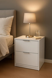 Contemporary white bedside table with two drawers, compact 38 cm design by Lavish Kitchen Isle, perfect for modern bedroom decor.