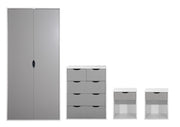 White and grey 4-piece bedroom set with wardrobes, hanging doors, shelves, and drawers by Lavish Kitchen Isle.
