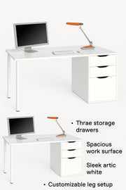 Lavish Kitchen Isle Vespera Arctic White desk with 3 drawers, modern study table and workspace for laptops and office tasks.