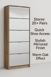 Lavish Kitchen Isle Nolarad 5-tier mirrored shoe rack cabinet with oak effect, space-saving organiser for over 20 pairs of shoes.