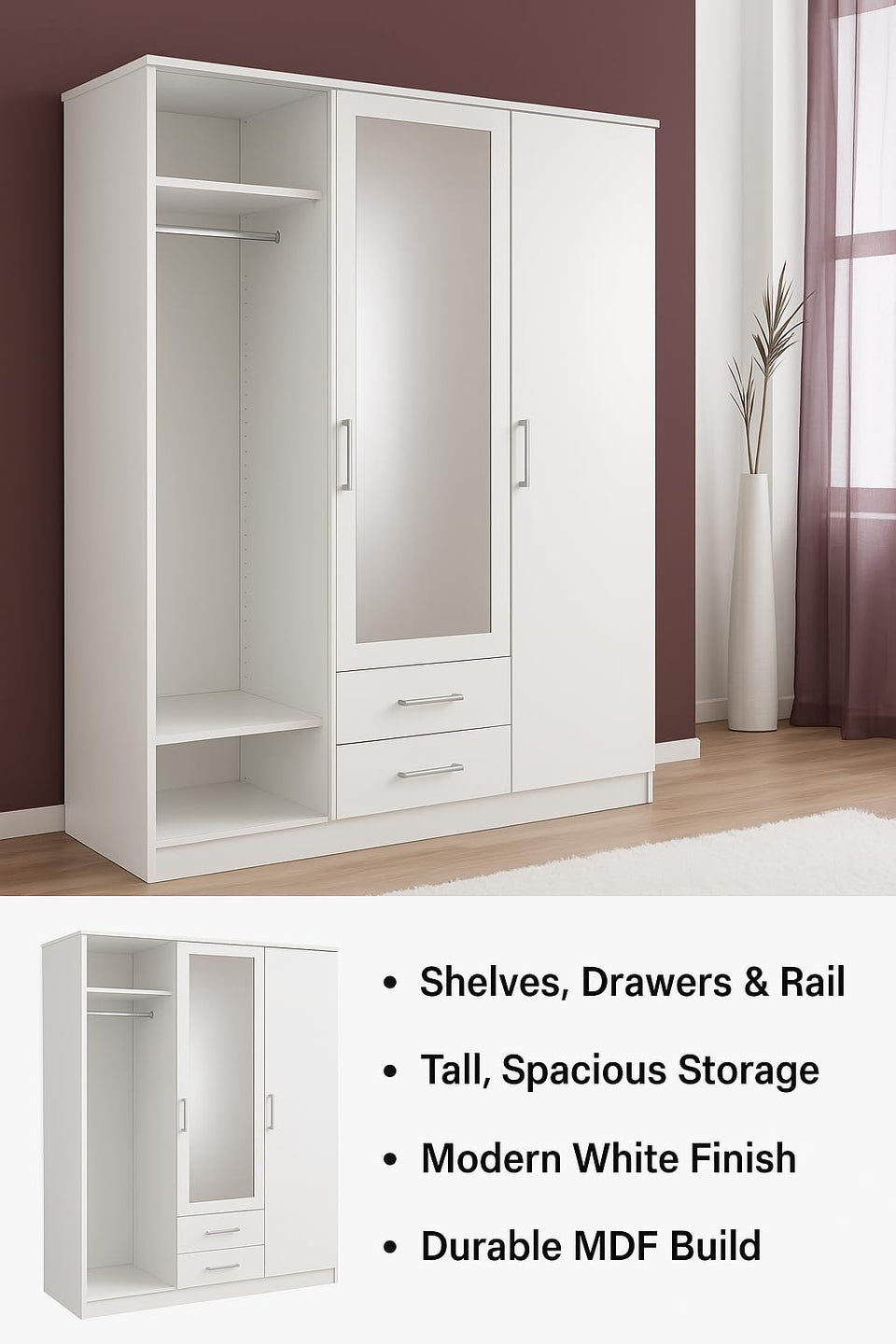 Cavo Alpine Alpine White Wardrobe 135cm Wide 3 Doors, 2 Drawers, Shelves, and Hanging Rail for Bedroom Storage