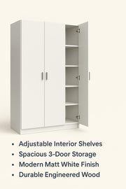 White wide storage cupboard with three doors, tall cabinet with adjustable shelves, from Lavish Kitchen Isle.