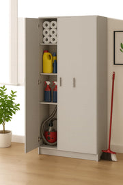 White wide storage cupboard with three doors and adjustable shelves, tall cabinet from Lavish Kitchen Isle.