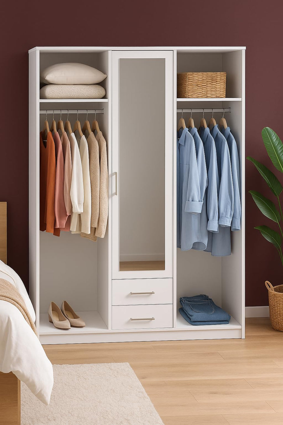 Cavo Alpine Alpine White Wardrobe 135cm Wide 3 Doors, 2 Drawers, Shelves, and Hanging Rail for Bedroom Storage