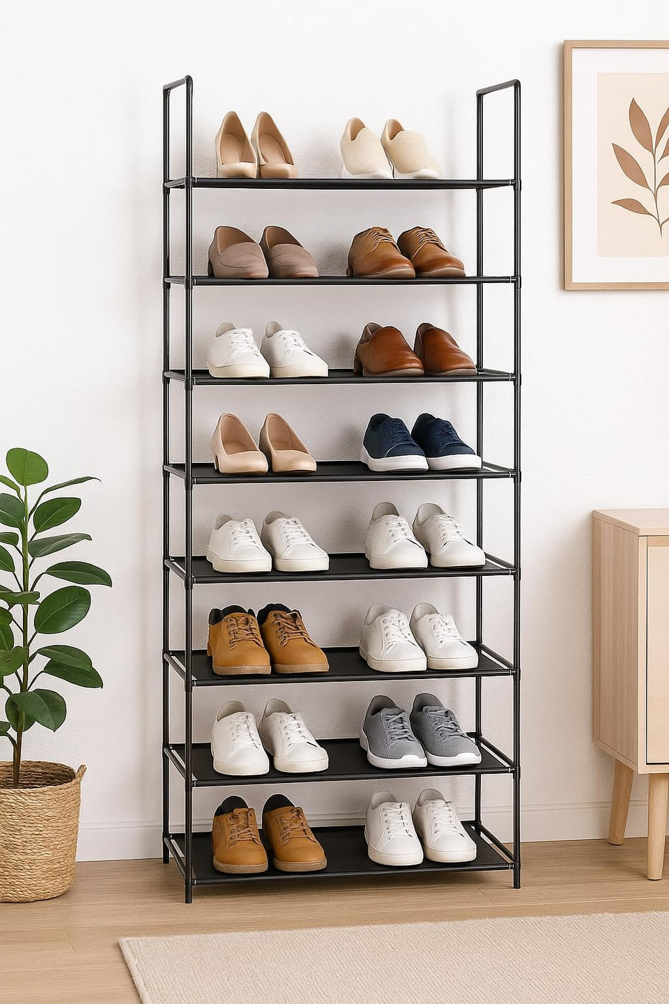 Simple Assembly 10 Tiers Non-woven Fabric Shoe Rack with Handle Black