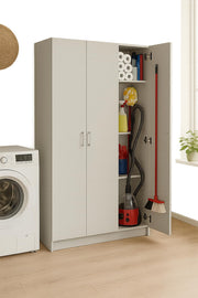 White wide storage cupboard with three doors and adjustable shelves, 180cm tall, from Lavish Kitchen Isle.