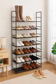 Black 10-tier non-woven fabric shoe rack with handle, simple assembly and spacious storage for footwear organization.