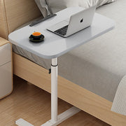 Grey adjustable overbed table tray with wheels, suitable for home or medical use, shown on a flat surface.