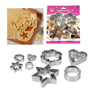 Set of 12 traditional shape cookie cutters by Lavish Kitchen Isle on a wooden surface, featuring various festive designs.