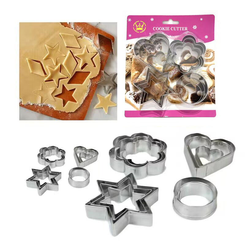 Set of 12 traditional shape cookie cutters from Lavish Kitchen Isle on a wooden surface, ideal for baking and decorating.