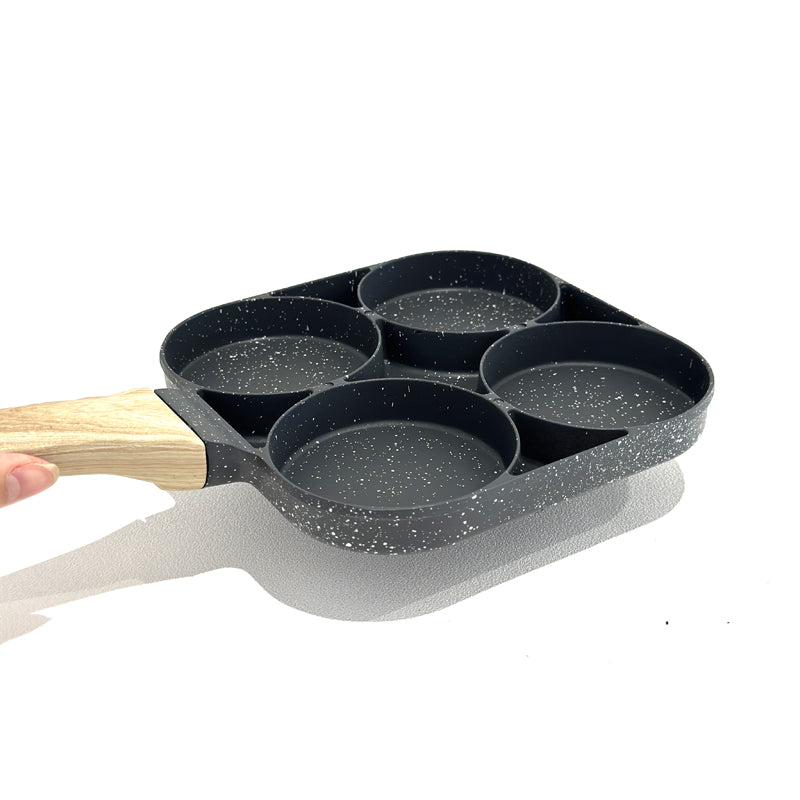 Metal Round Egg Frying Pan Square Pan for 4 Eggs with Wooden Handle