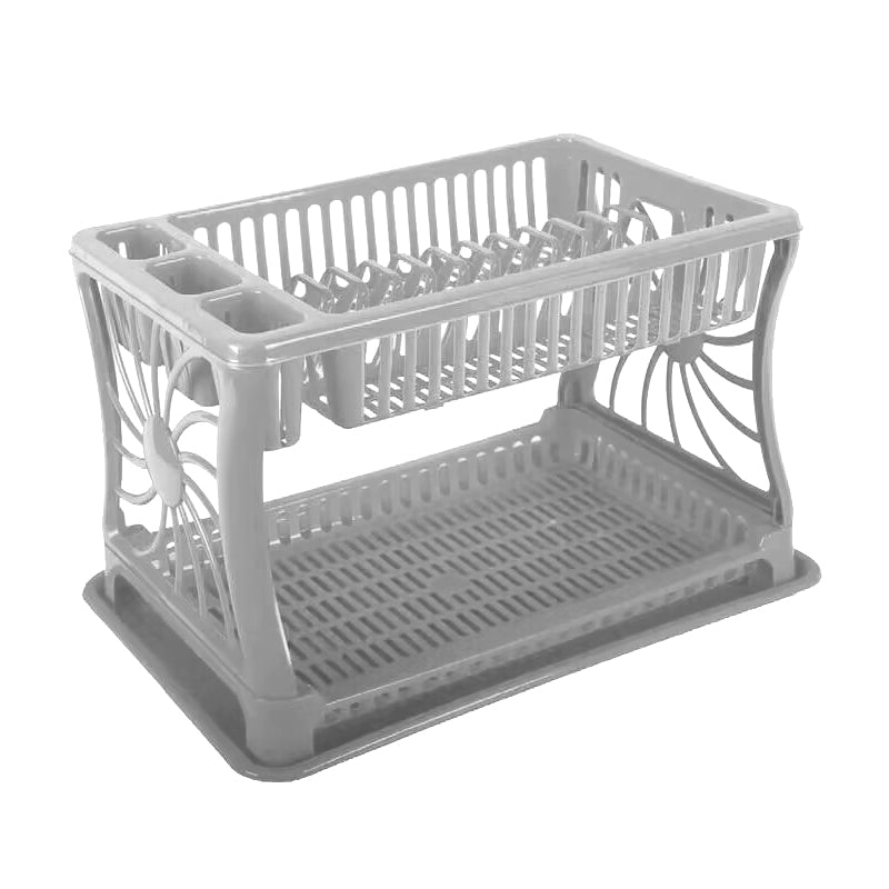 Plastic Two Storey Dish and Cutlery Holder With Tray - Grey
