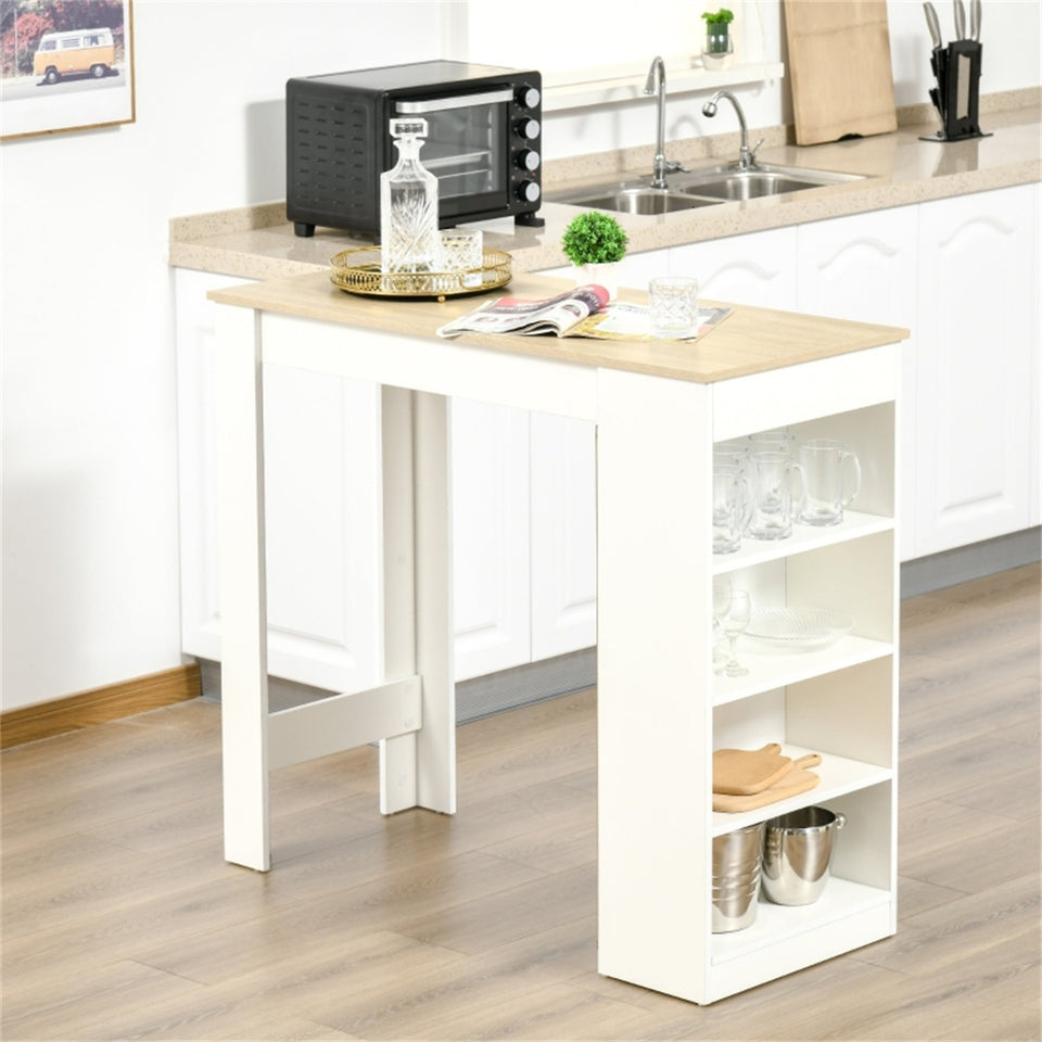 Modern Space-Saving Bar Table with Shelves, Natural Wood and White Finish