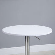 White bar table with steel legs, adjustable height, from Lavish Kitchen Isle, modern design suitable for home or bar area.