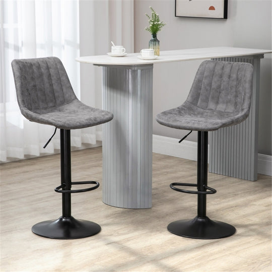 Set of 2 Grey Adjustable Bar Stools – Worn-Effect Microfibre Leather with Swivel & Footrest
