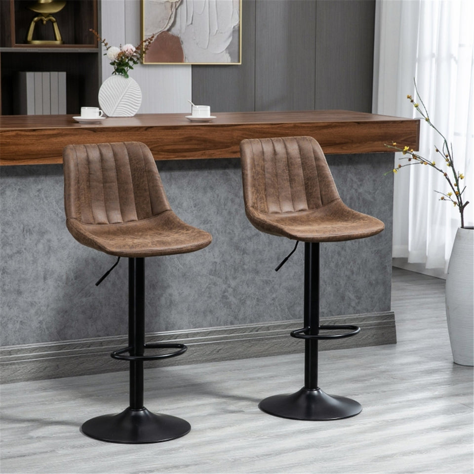 Set of 2 Adjustable Bar Stools Brown Kitchen Breakfast Counter Stools with Footrest