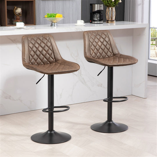 Set of 2 Adjustable PU Leather Bar Stools – Brown Swivel Chairs with Footrest