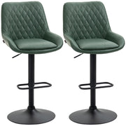 Set of 2 green faux leather bar stools with adjustable height and swivel features, perfect for modern kitchen or bar area.