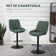 Set of 2 green faux leather bar stools with adjustable height and swivel feature, ideal for modern kitchen or bar area.