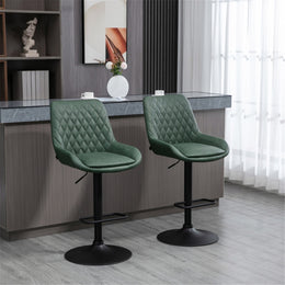 Set of 2 green faux leather bar stools with adjustable height and swivel feature, designed for modern kitchen or bar area.
