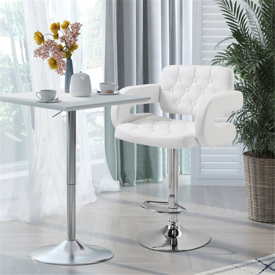 Adjustable Beige Faux Leather Bar Stool with High Back & Arms
