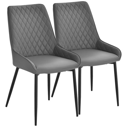 Set of 2 Grey Dining Chairs – Quilted PU Leather with Metal Legs
