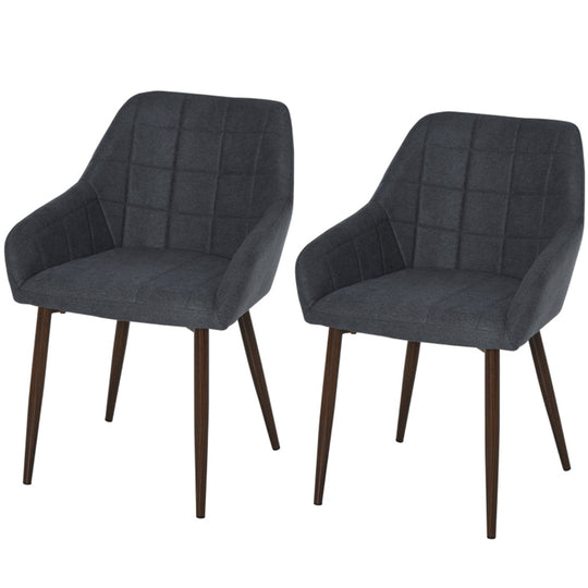 Set of 2 Modern Dining Chairs – Dark Grey Linen Fabric with Armrests & Steel Legs