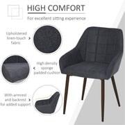 Set of 2 Modern Dining Chairs – Dark Grey Linen Fabric with Armrests & Steel Legs