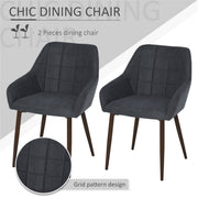 Set of 2 Modern Dining Chairs – Dark Grey Linen Fabric with Armrests & Steel Legs