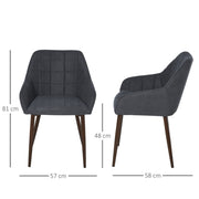 Set of 2 Modern Dining Chairs – Dark Grey Linen Fabric with Armrests & Steel Legs