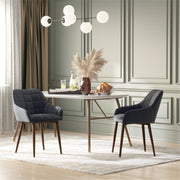 Set of 2 Modern Dining Chairs – Dark Grey Linen Fabric with Armrests & Steel Legs