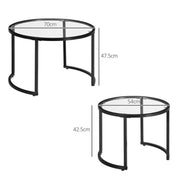 Pair of modern nesting coffee tables with tempered glass tops and steel frames, showcasing sleek design and contemporary style.