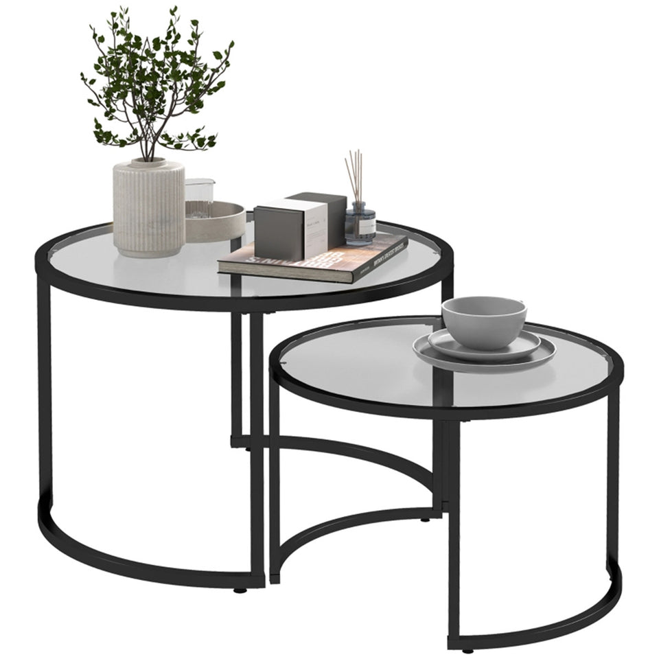 Modern Nesting Coffee Tables Set - Tempered Glass and Steel