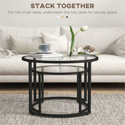 Modern nesting coffee tables set by Lavish Kitchen Isle with tempered glass tops and steel frames, showcasing sleek, contemporary design.