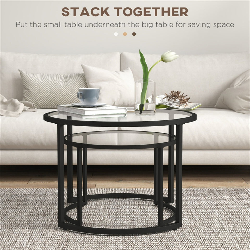 Modern Nesting Coffee Tables Set - Tempered Glass and Steel