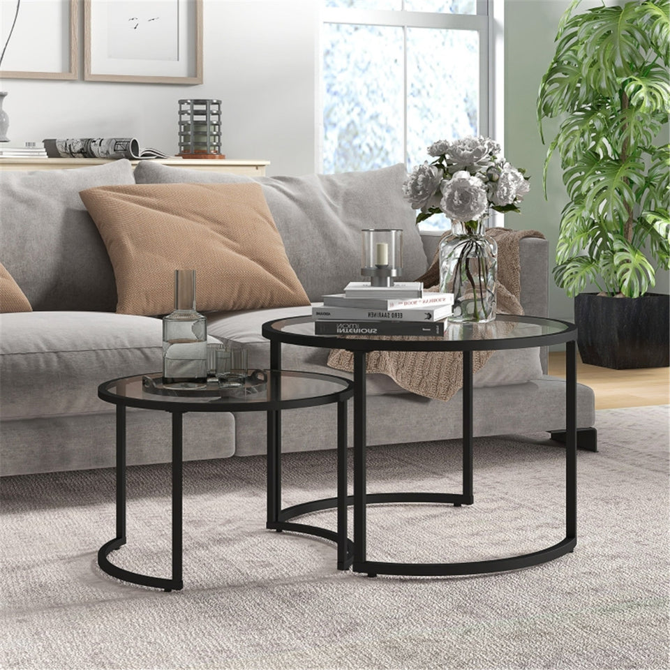 Modern Nesting Coffee Tables Set - Tempered Glass and Steel