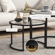Modern nesting coffee tables set by Lavish Kitchen Isle with tempered glass tops and sleek steel frames, arranged in a stylish living room.