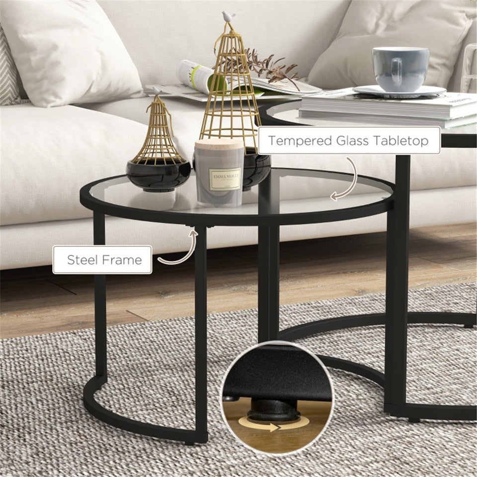 Modern Nesting Coffee Tables Set - Tempered Glass and Steel