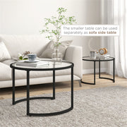 Modern nesting coffee tables set by Lavish Kitchen Isle with tempered glass tops and steel frames, stacked together for a contemporary look.