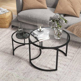 Modern nesting coffee tables set by Lavish Kitchen Isle featuring tempered glass tops and sleek steel legs.
