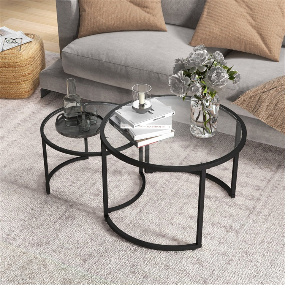 Modern Nesting Coffee Tables Set - Tempered Glass and Steel