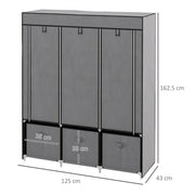 Dark Grey Fabric Wardrobe with 2 Hanging Rods, 5 Shelves & 3 Drawers - Strong Steel Frame & Dust-Proof Cover