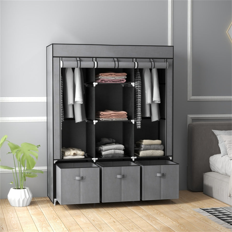 Dark Grey Fabric Wardrobe with 2 Hanging Rods, 5 Shelves & 3 Drawers - Strong Steel Frame & Dust-Proof Cover